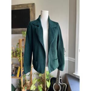Talbots Green Open Front Short Merino Wool Cardigan Size XL